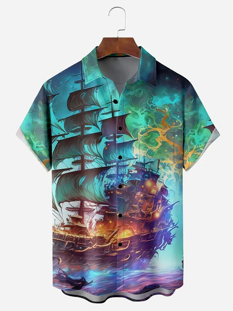 Men's Hawaiian Ghost Ship Halloween Casual Print Shirt