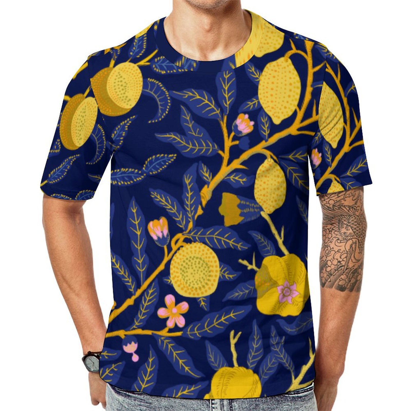 Elegant Fresh Navy Blue Lemon Vines Short Sleeve Print Unisex Tshirt Summer Casual Tees for Men and Women Coolcoshirts