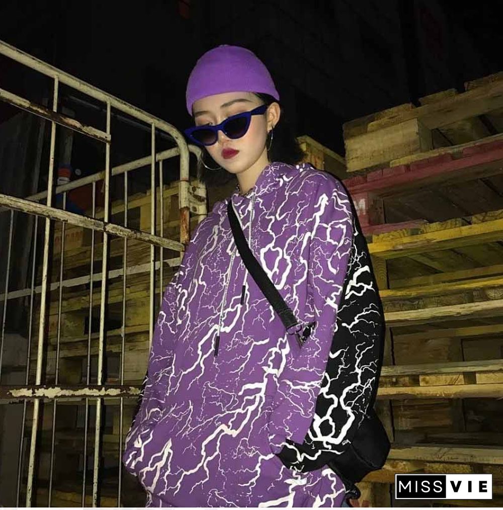 Ladies Stitching Printed Loose Long Hoodie