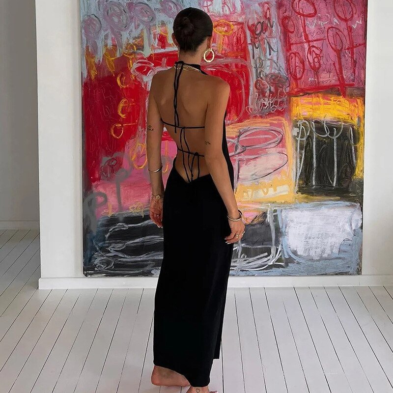 Black Halter Backless Midi Dress 2022 Summer Tie Up Beach Holiday Sexy Dress Club Party