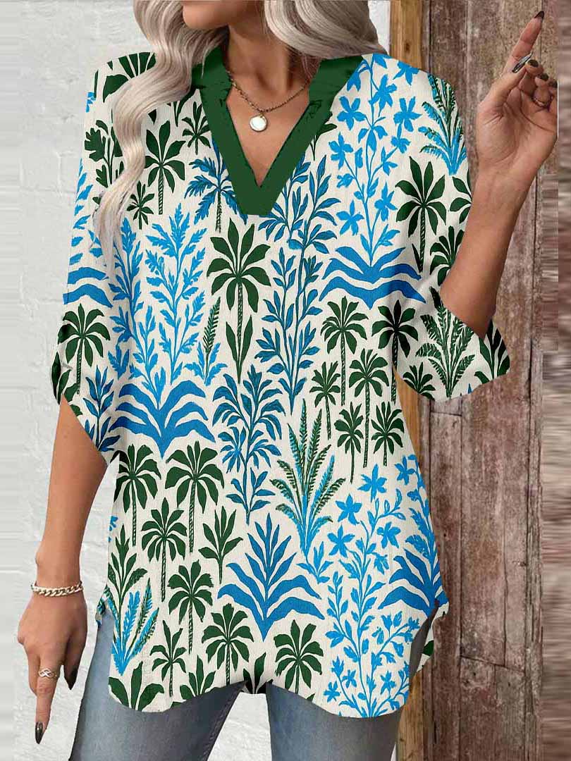 Women Floral, Blue, Green DZGA0193 3/4 Sleeve V-neck Printed Graphic Button Tops