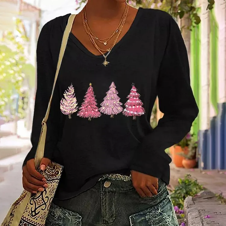 VChics Women's Pink Christmas Tree Print V-Neck Long Sleeve T-Shirt