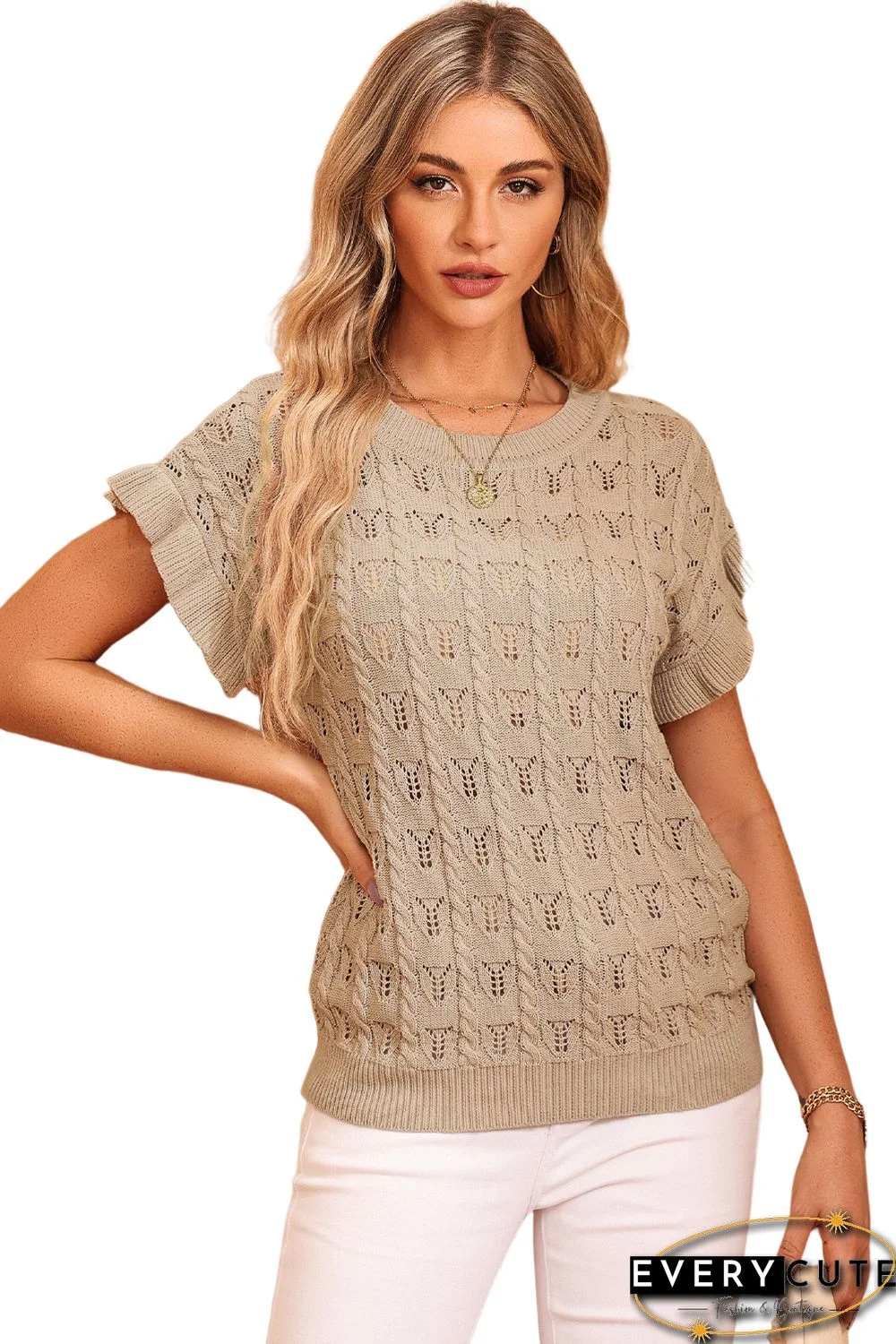 Khaki Ruffle Short Sleeves Cable Knit Textured Top