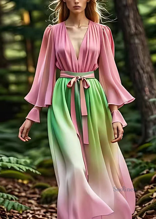 Pre sale - shipping in 30 days/Plus Size Gradient Color Pink Tie Waist Silk Long Dress Long Sleeve