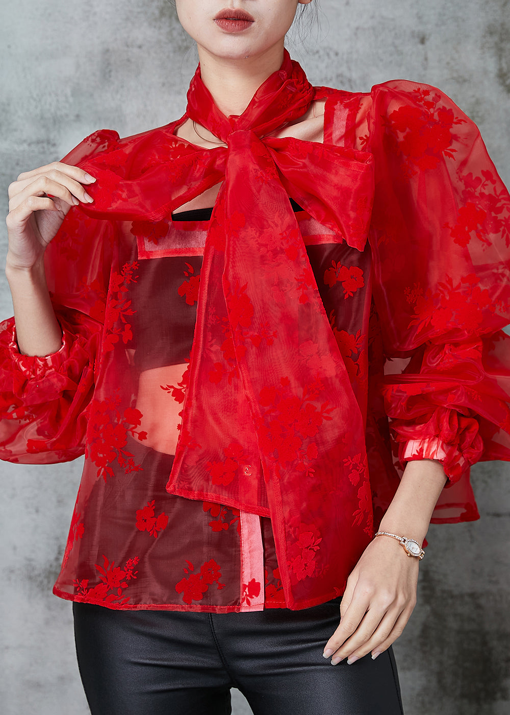 VCSHOES Red Oversized Jacquard Tulle Blouses Spring