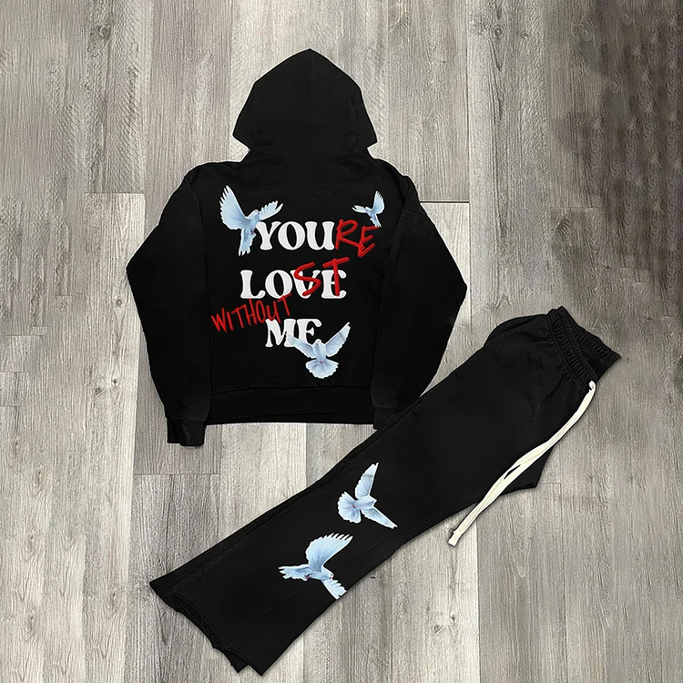 Peace Dove x YLWM V2 Casual Street Hoodie & Flared Trousers Two Piece Set