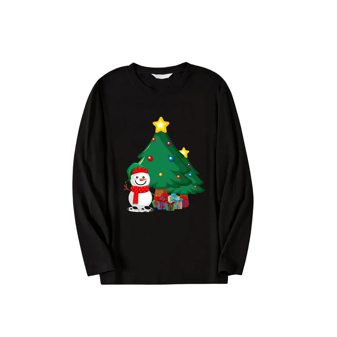 Christmas Tree And Smiling Snowman with Gift Pattern Black Long Sleeve Top with Black And Green Plaid Pants Family Matching Pajamas