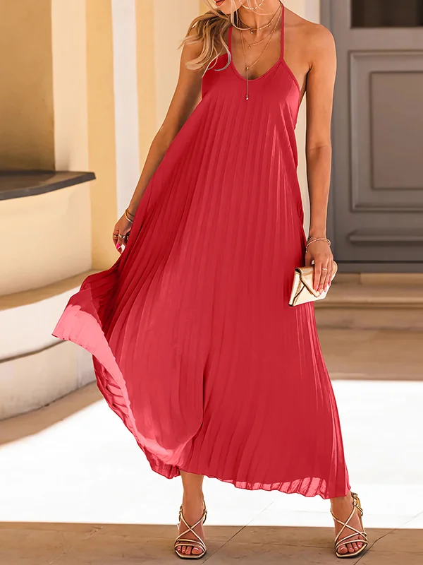 Tied Solid Color Pleated Backless Sleeveless Loose Spaghetti-Neck Maxi Dresses