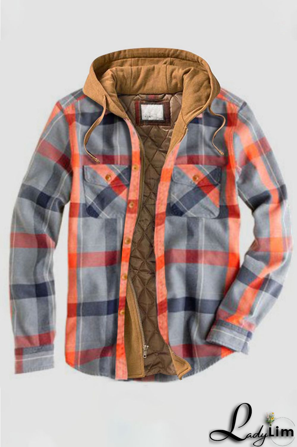Brown Casual Plaid Draw String Zipper Hooded Collar Outerwear