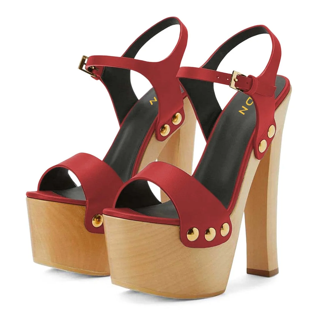 Red Vegan Leather Buckle Open Toe Studded Platform Heel Sandals