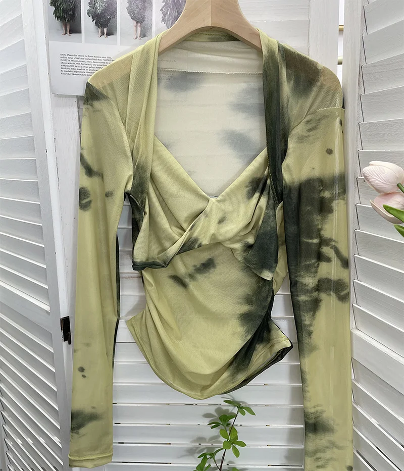 Uveng Explosion Tie-Dye-Print Long Sleeve Bottom Sexy Hottie V-Neck T-Shirt Folded Slimming Mesh Yarn Top 8929