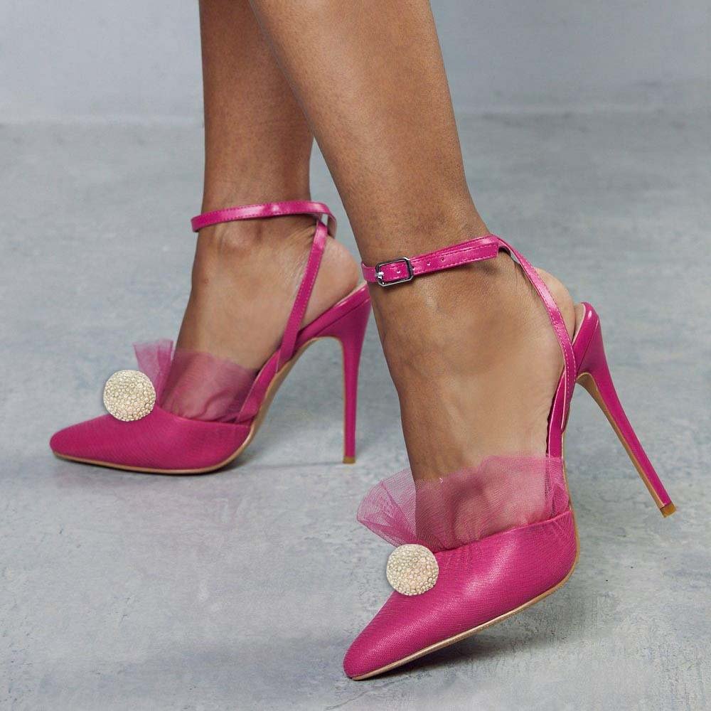 Fuchsia Leather Pointed Toe Pumps Slingback Ankle Strap With Rhinestone Ball Lace Decor Stiletto Heels Nicepairs