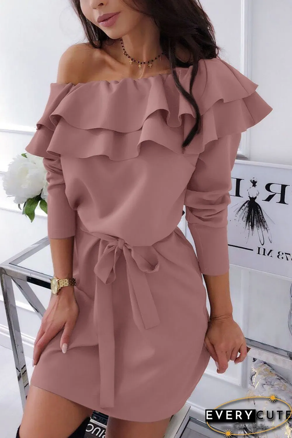 Pink Double Frill Off Shoulder Long Sleeve Dress