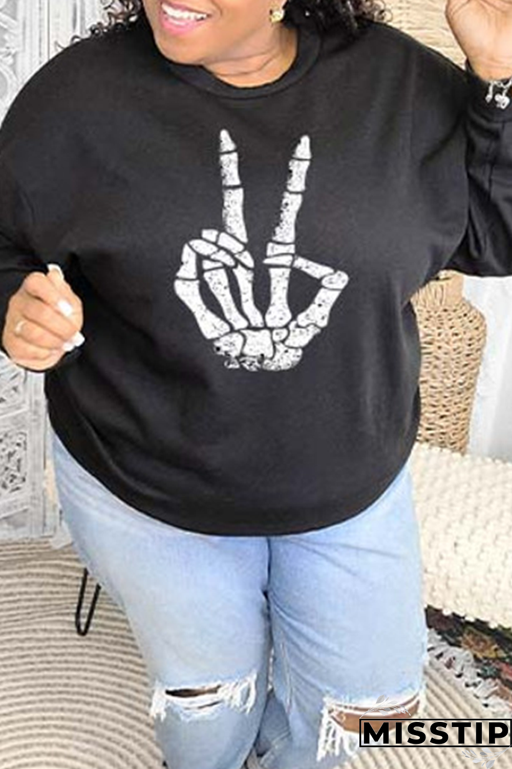 Black Street Vintage Print Patchwork O Neck Tops