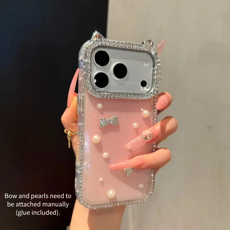 Chic Double-Sided Rhinestone & Pearl Cat Phone Case