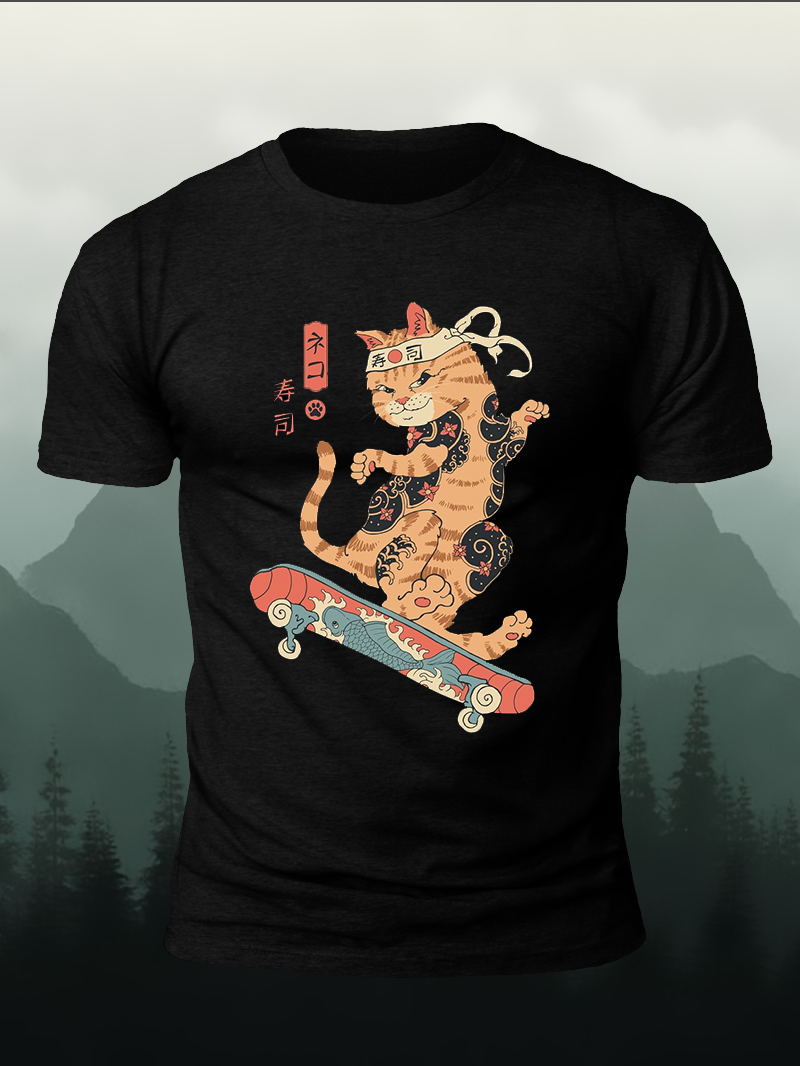 Men's Cat Skateboard Print Casual Short Sleeve T-shirt