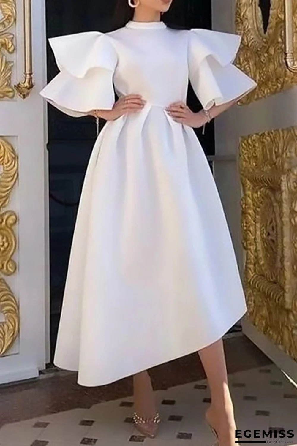 White Fashion Formal Solid Patchwork Half A Turtleneck Evening Dress | EGEMISS