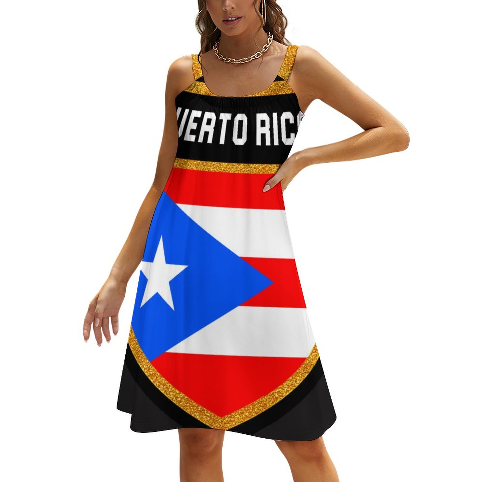SFNEEWHO Puerto Rico Flag Summer Hawaiian Beach Retro Dresses Casual Sling  Sleeveless Printed Knee Length Dress