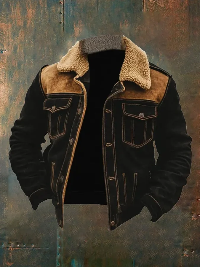 Men's Vintage Suede Patchwork Lamb Fleece Multi-Pocket Reverse Collar Outdoor Jacket