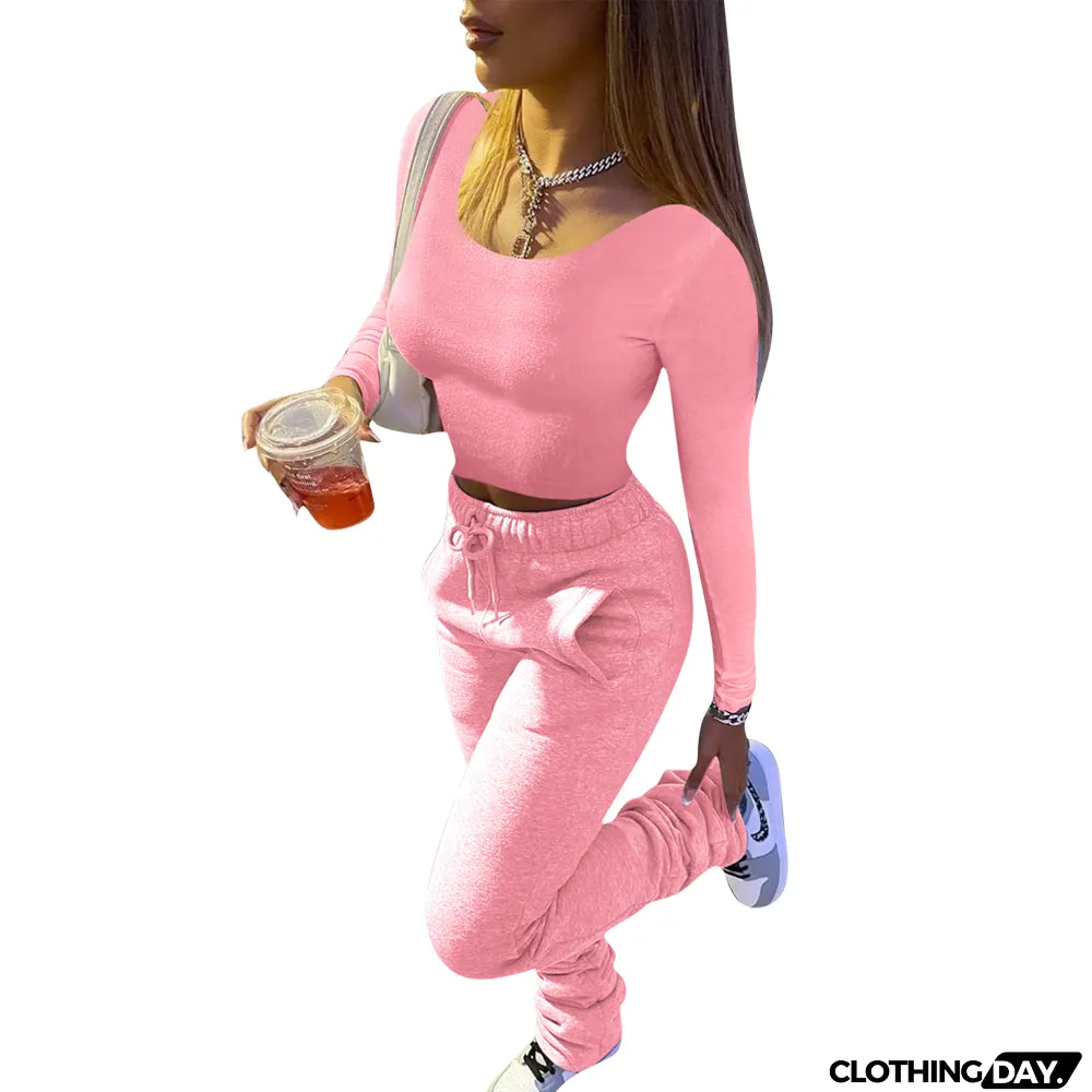 Winter Casual Solid Color Crop Top and Track Pants Set