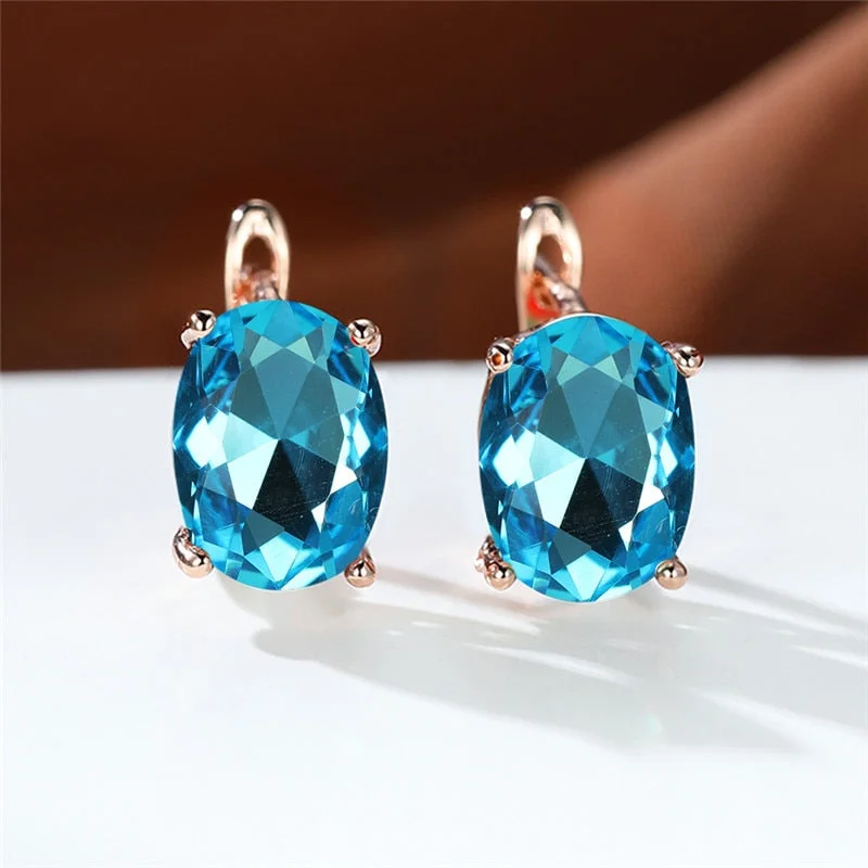 Vintage Female Rainbow Zircon Stone Earrings Cute Rose Gold Color Clip Earrings For Women Charm Crystal Oval Wedding Earrings