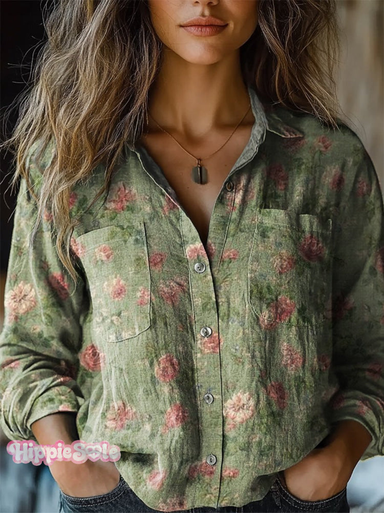 Women’s Vintage Folk Floral Art Print Long Sleeve Comfortable Cotton Shirt Multicolor / S