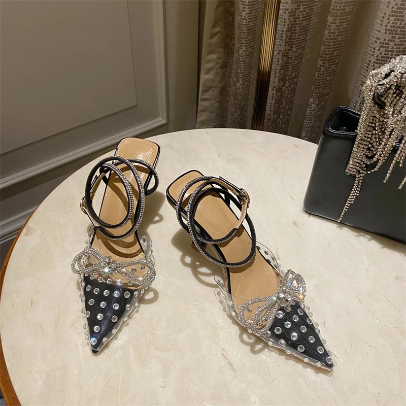 Qengg Sandals Wedding Black Sliver Bling Rhinestone Bow Buckle High-heels 2022 Summer Party Shoes Women Large Size Stilettos