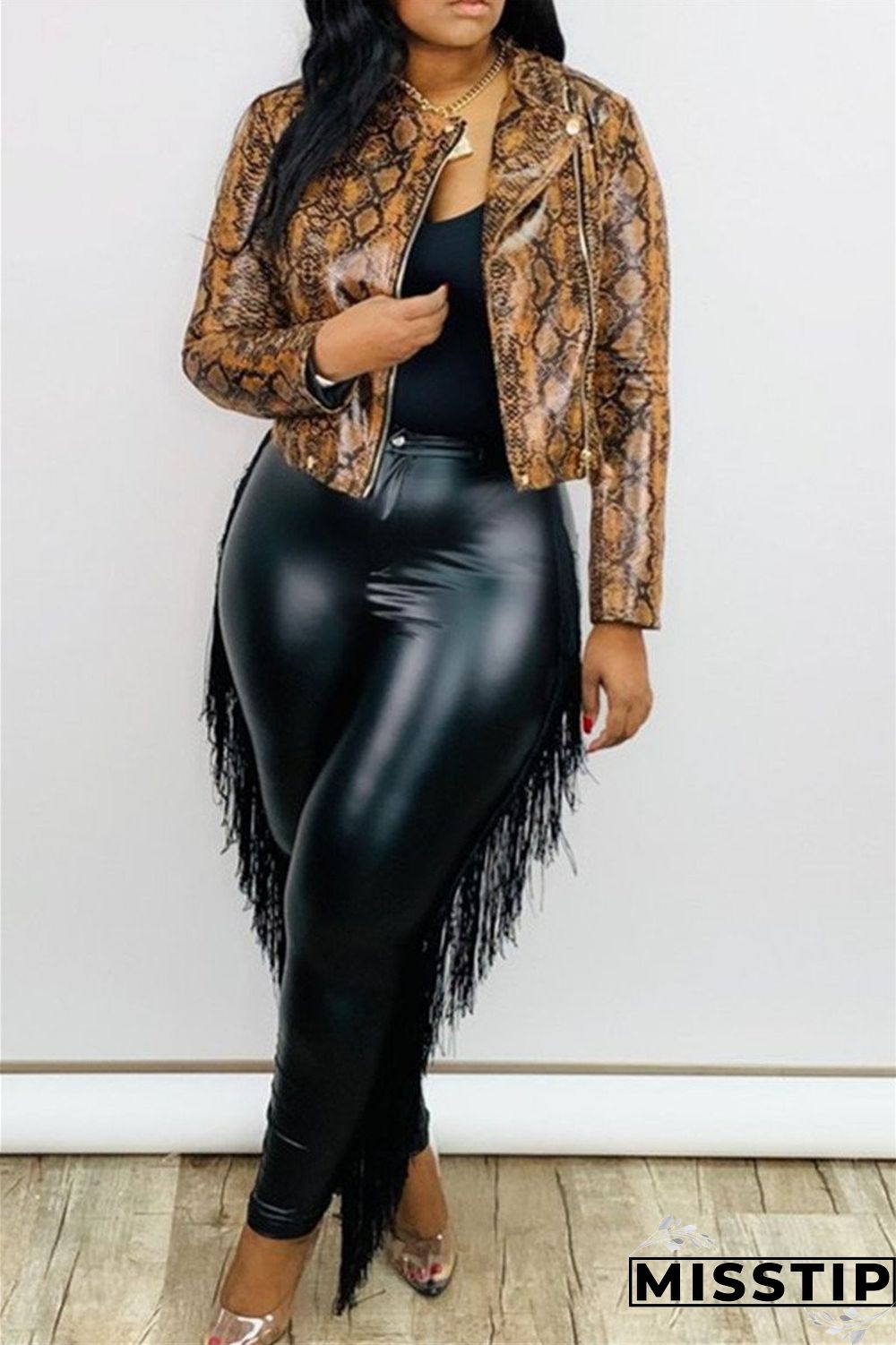 Wine Red PU OL Patchwork Solid tassel Zippered Stitching Zipper Tassel Plus Size