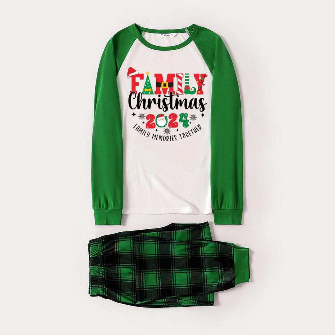 Family Christmas 2024 Family Memories Together Print Long Sleeve Top With Green & Black Plaid Christmas Family Matching Pajamas
