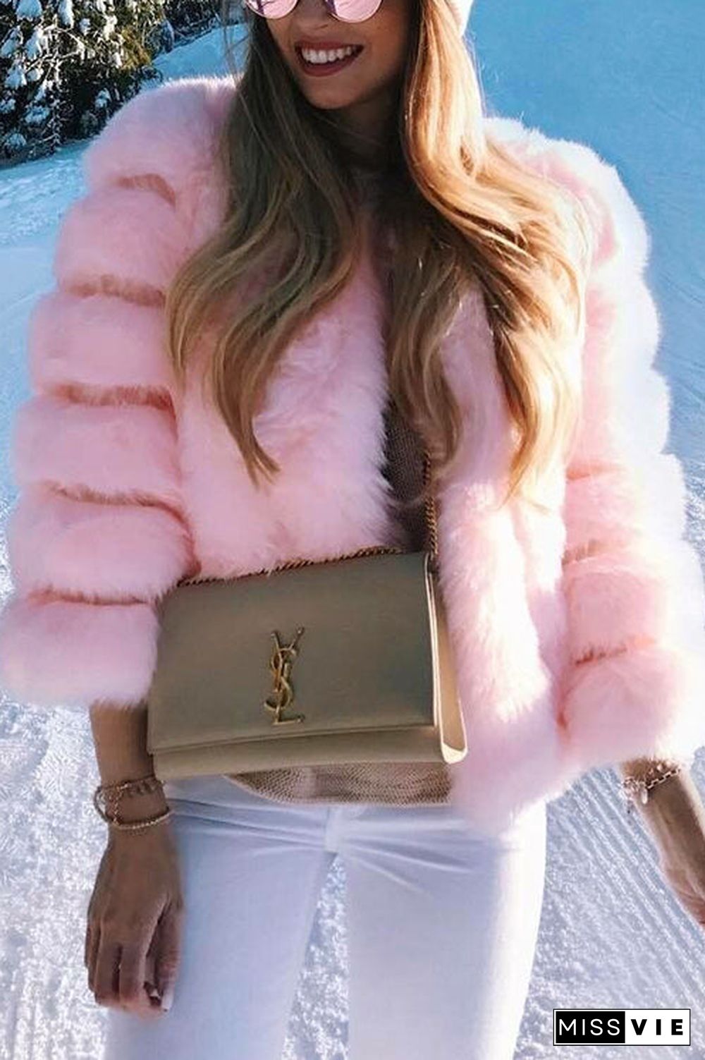 Layer O Neck Faux Fur Coat