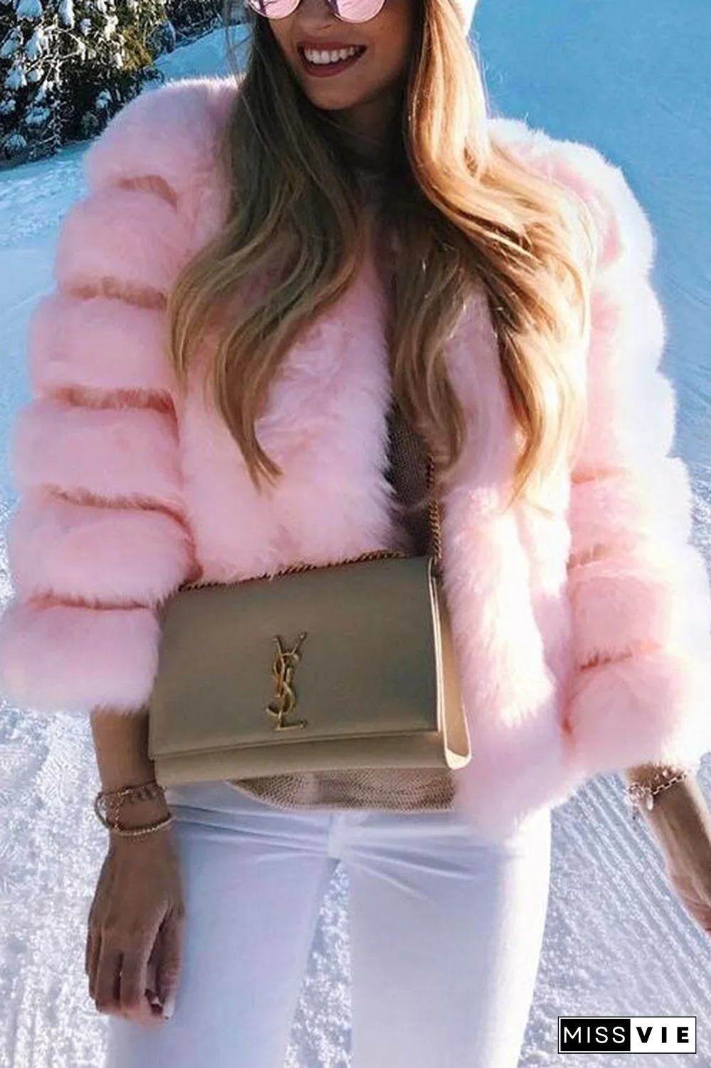 Layer O Neck Faux Fur Coat