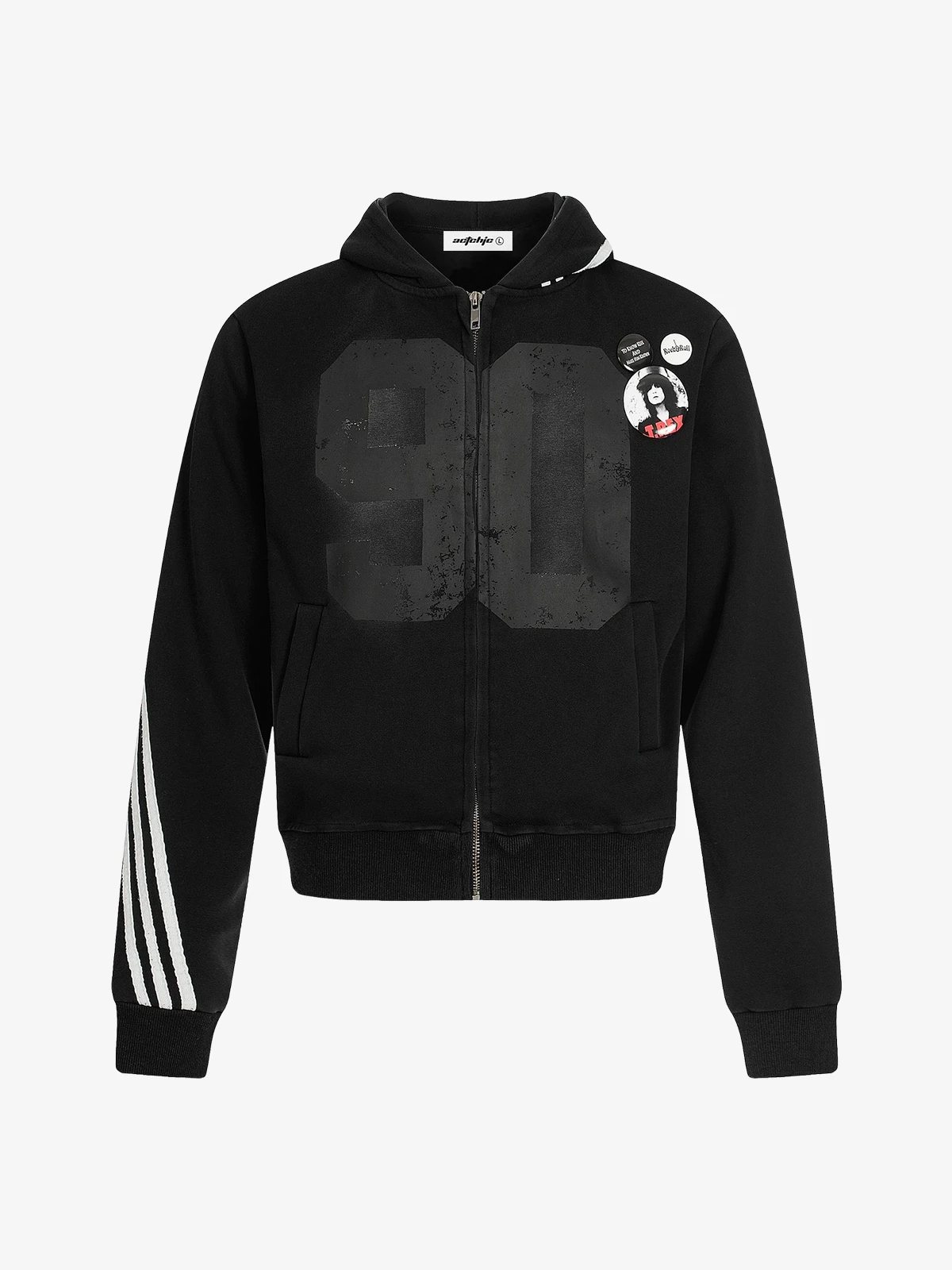 Black Actchic Stripe Badge Detail Zip Up Hoodie Front