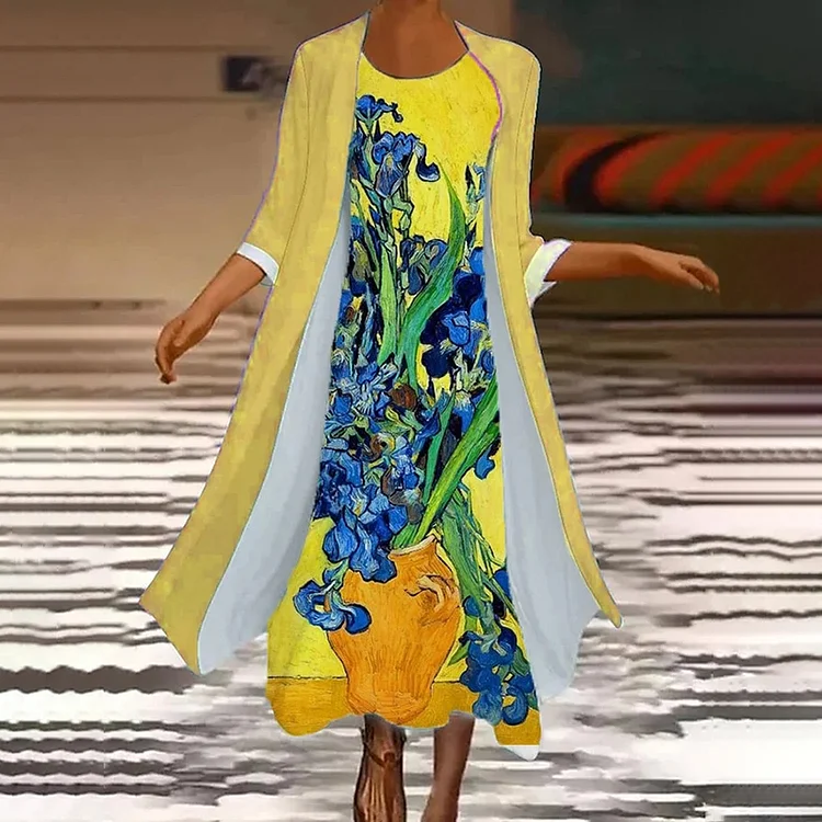 Comstylish Oil Painting Iris Print  Two-Piece Maxi Dress