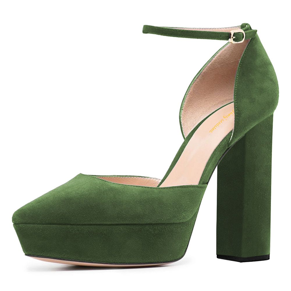 Green Pointed Toe Ankle Strap Buckle Chunky High Heels for Women Nicepairs