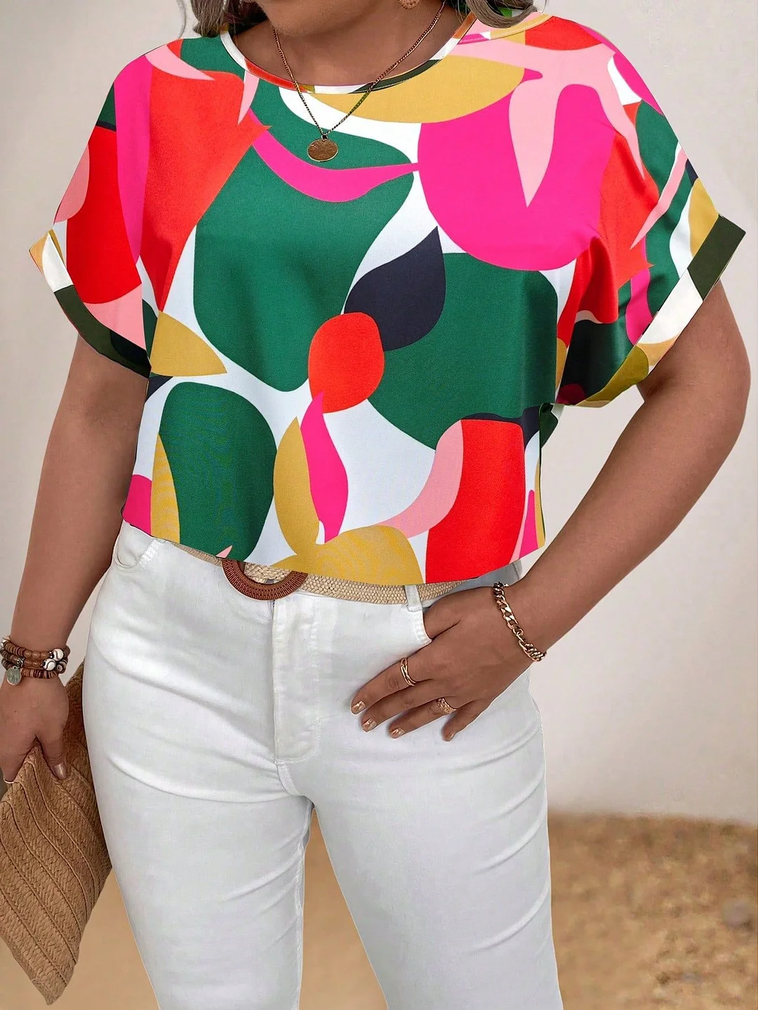 Uveng Uveng Women's Clothing Autumn 2024 New Round-Neck Short-Sleeved Printed Mushroom Buckle Shirt