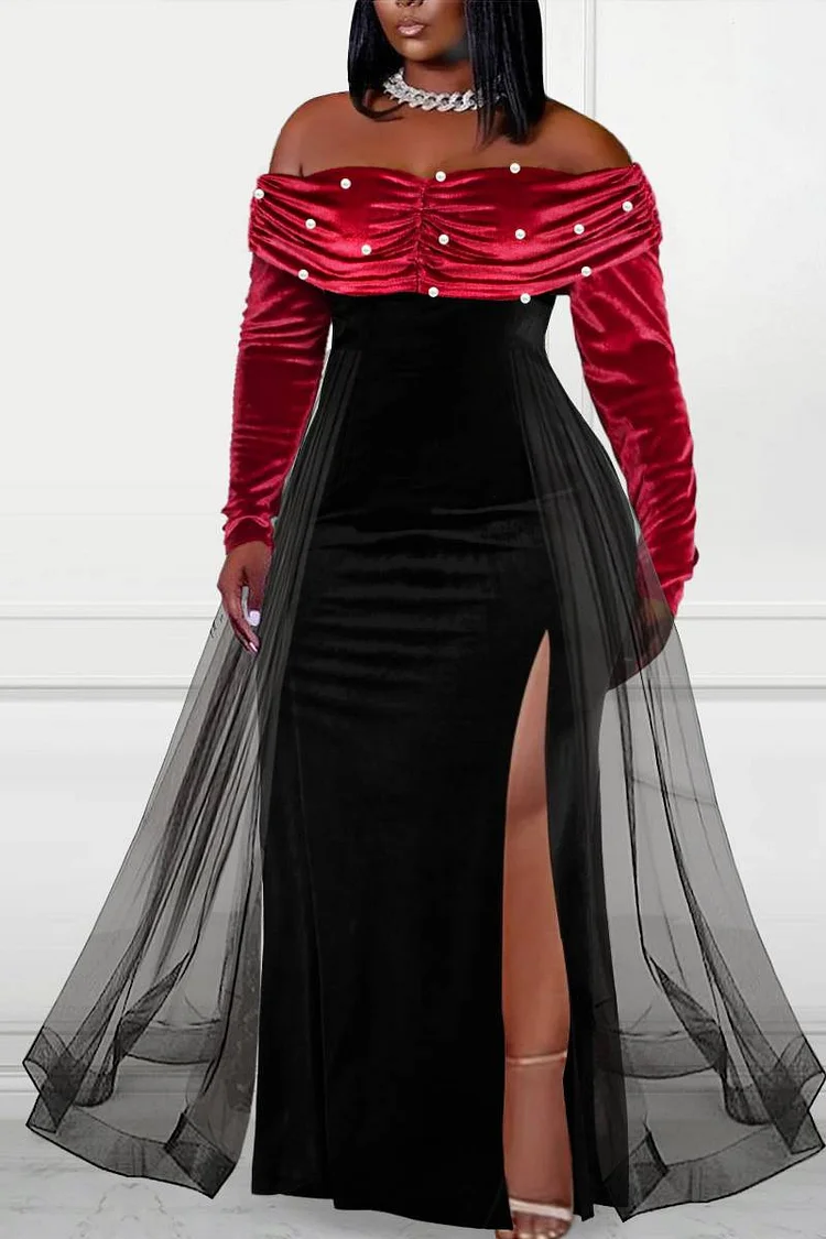 Plus Size Formal Dress Off The Shoulder Pearl-Embellished Overlay Skirt Velvet Split Maxi Dress 
