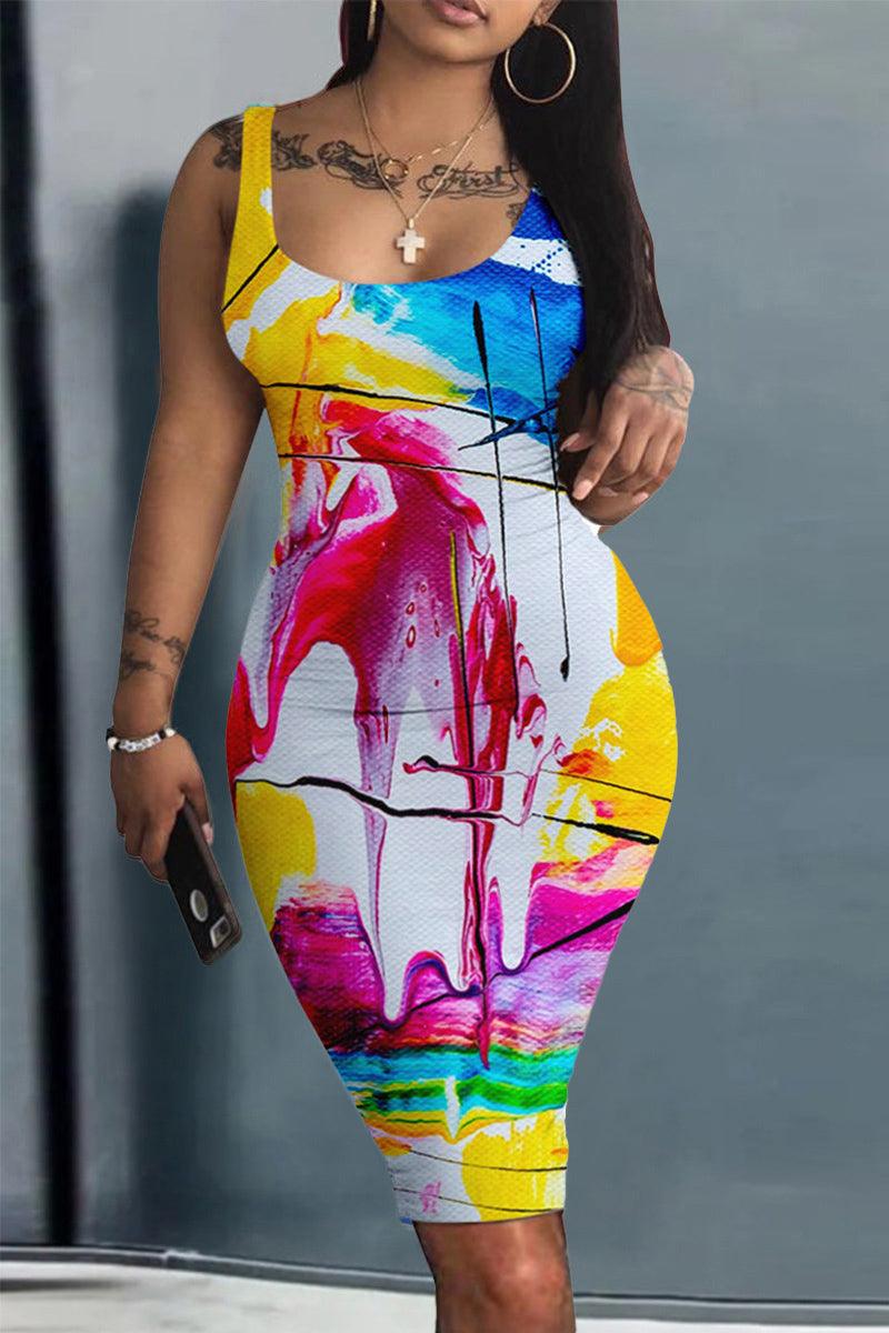 Plus Size Casual All Over Print Spaghetti Strap Bodycon African Mini Dress
