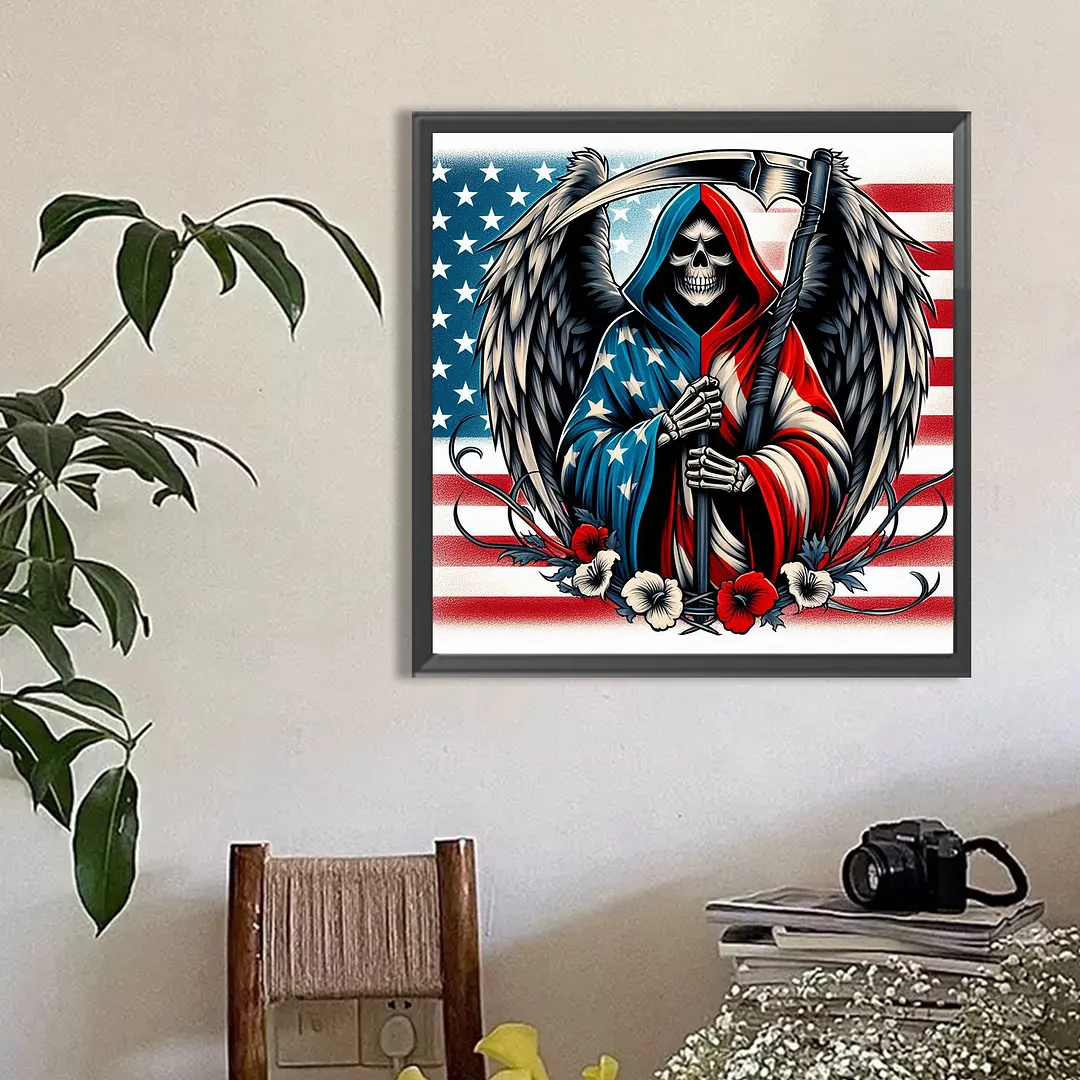 Independence Day Skull Full DIY 5D Round Drill Gem Art Diamond Painting Kits for Adults Beginner Home Wall Decoration Gift Crystal Art Paint by Diamond 40x40cm