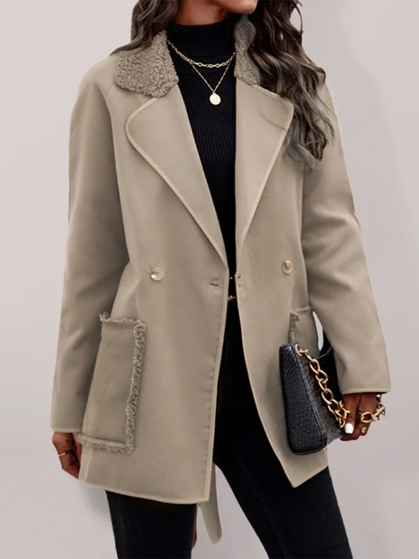 Women's Casual Stitching Fur Collar Double-faced Wool Coat Flusfy