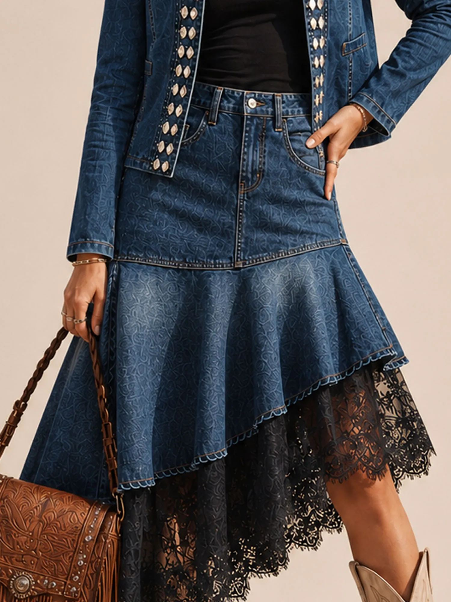 Perfect for Western Music Festivals &mdash; Classic Vintage Blue, Studded Embellishments & Lace Patchwork, Premium Skin-Friendly Denim, 2026 Spring/Autumn Women&rsquo;s Chic Set