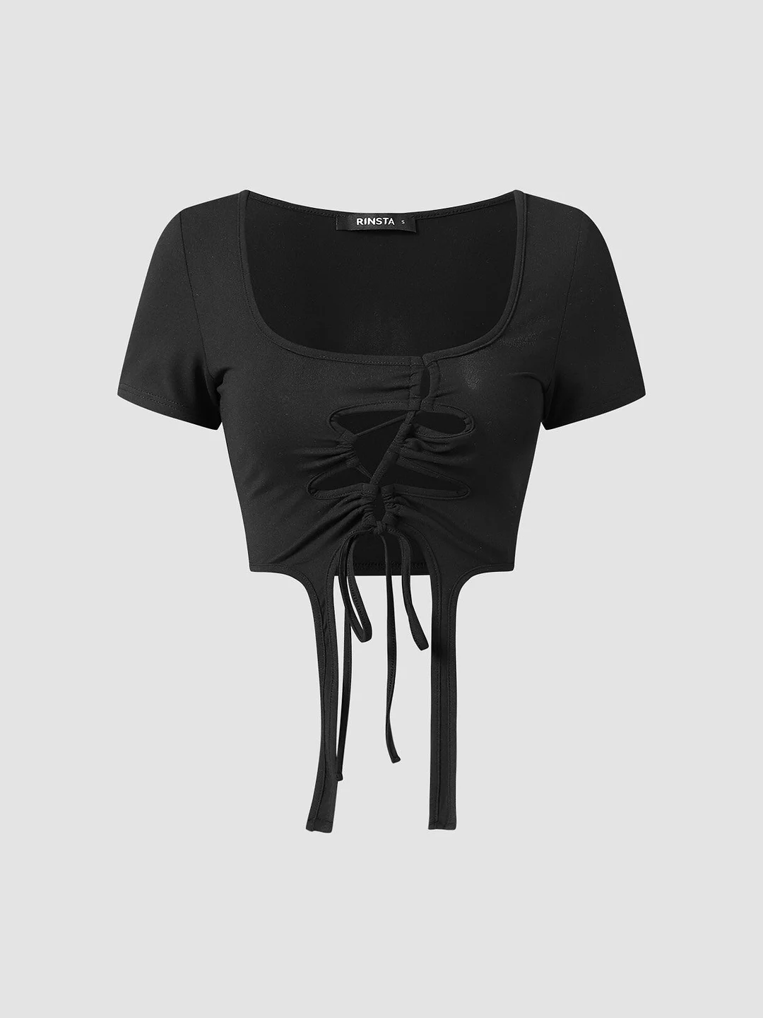 Solid Drawstring Square Collar Short Sleeve Crop Top