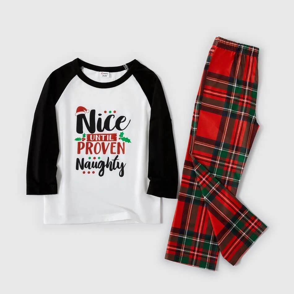Christmas Letter Contrast top and Buffalo Plaid Pants Family Matching Pajamas Sets
