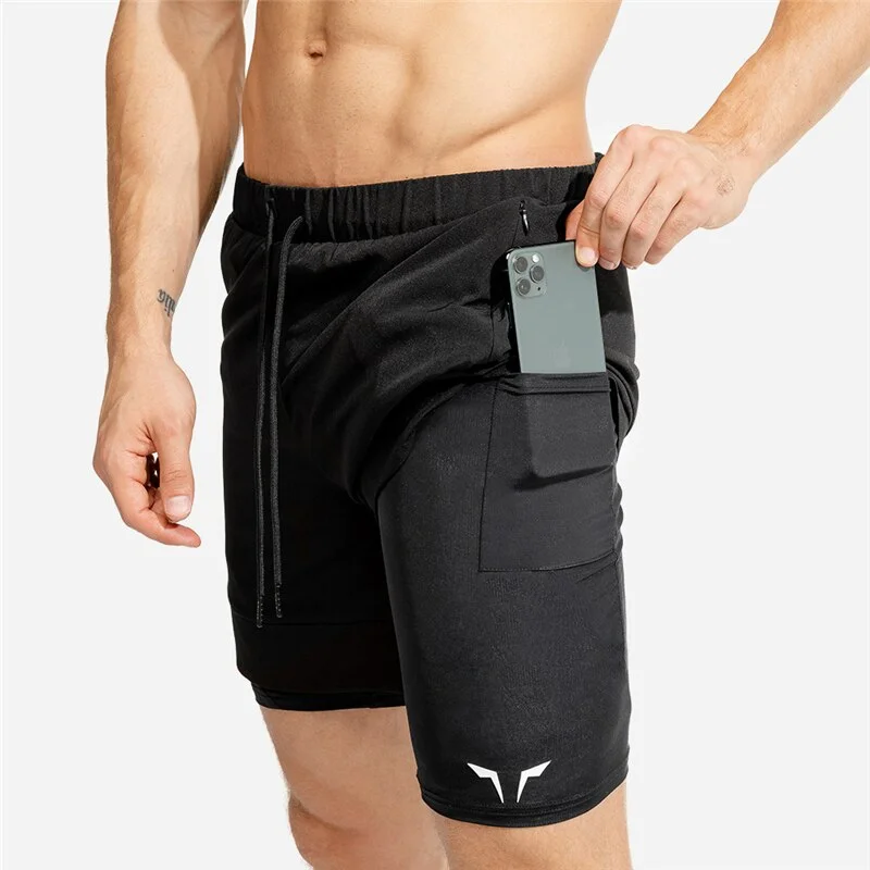 Summer Mens Casual Shorts Gym Training Shorts Workout Sports Fitness Men Lined Running Shorts Drawstring Double layer Shorts