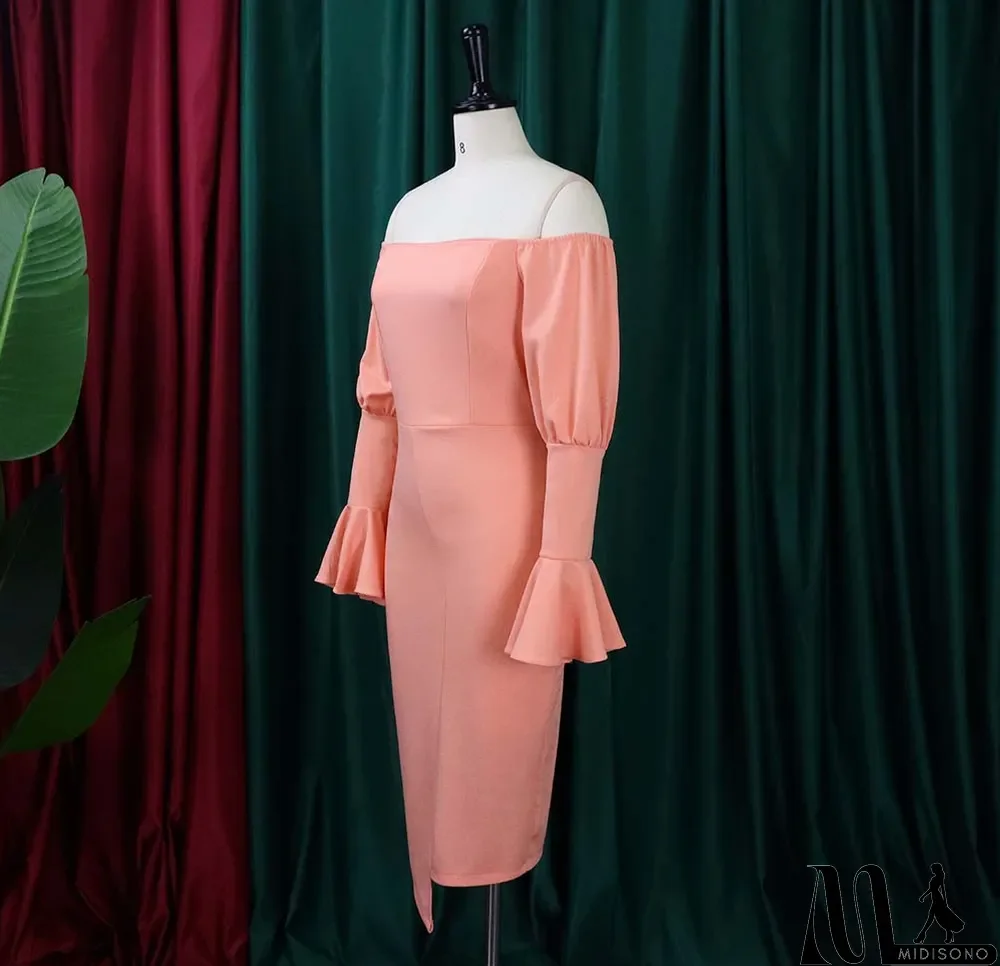MidiSono - Spring Plus Size Sexy Peach Off Shoulder Ruffles Long Sleeve Midi Dress
