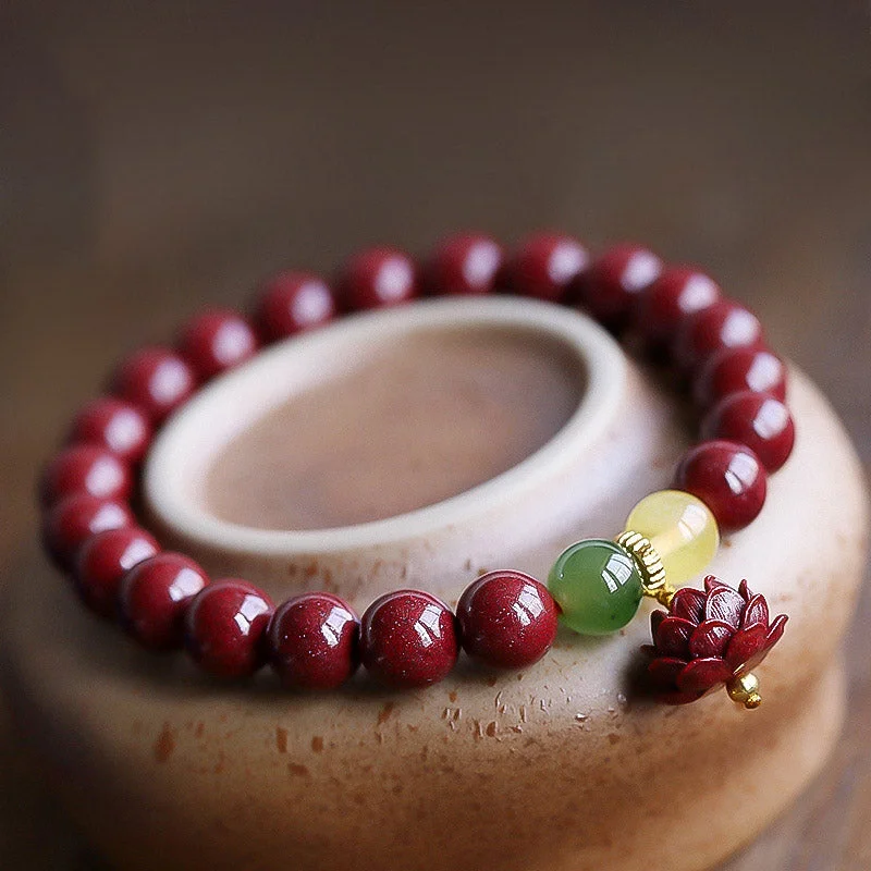 Natural Cinnabar Lotus Luck Blessing Charm Bracelet