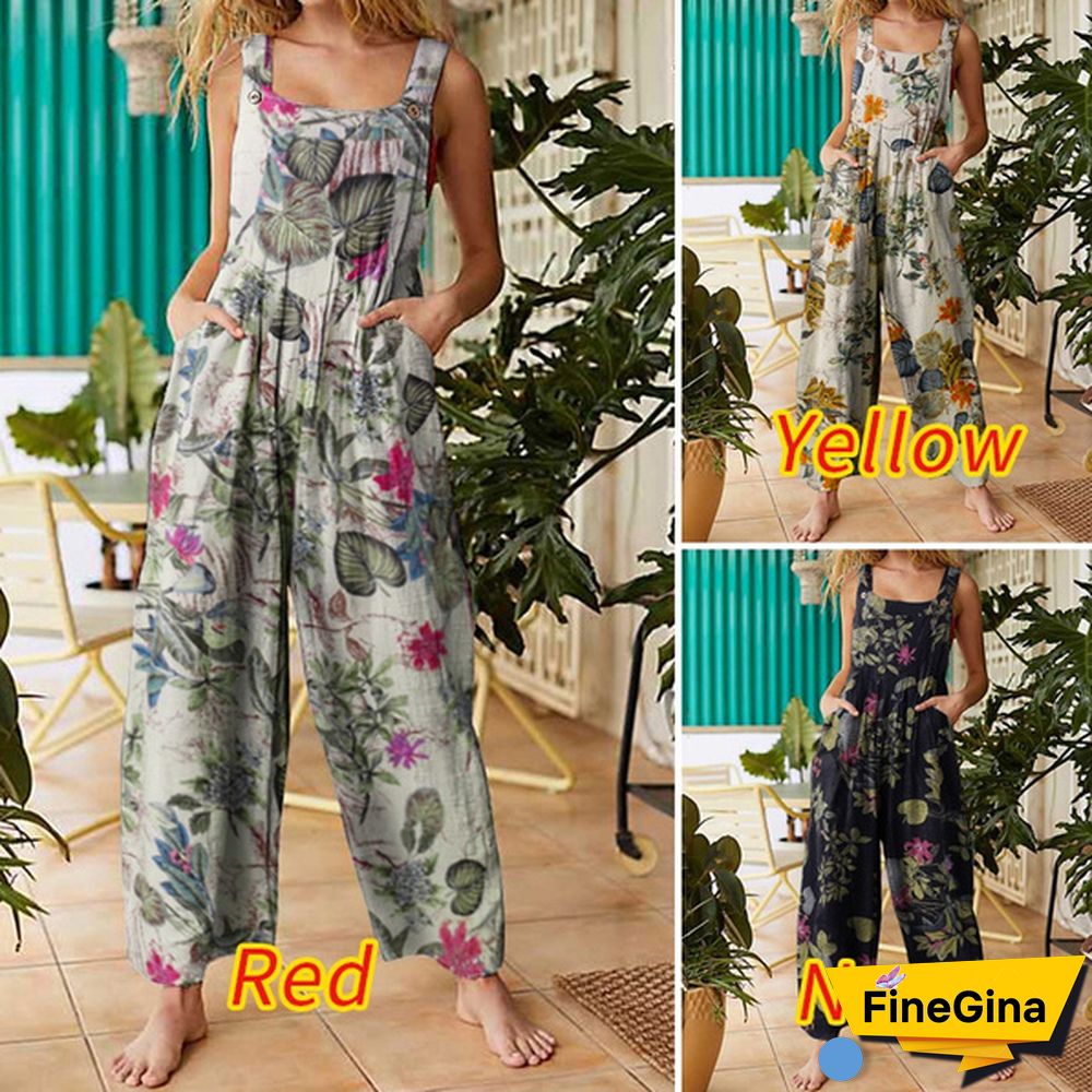Women Sleeveless Floral Print Cotton Jumpsuits Vintage Bib Pants Long Trousers Plus Size Summer Palazzo Overalls Dungarees