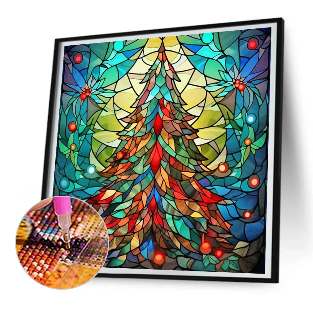 Diamond Painting - Full Round Drill - Stained Glass Xmas Tree(Canvas|30*30cm)
