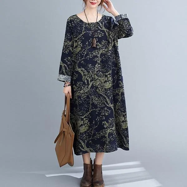 2020 Autumn Vintage Style O-neck Print Loose Comfortable Female Long Dresses
