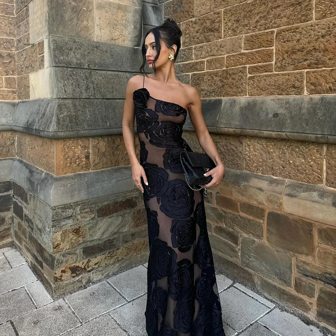Women One Shoulder Elegant Sexy Mesh Bodycon Flower Wedding Guest Party Maxi Dresses