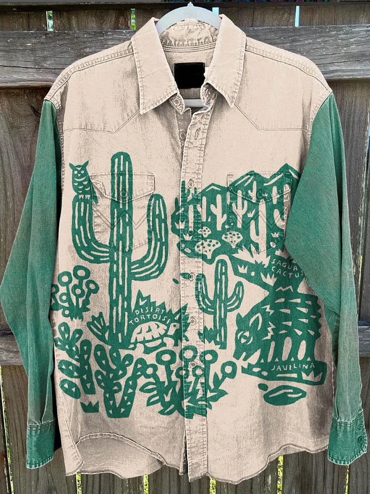 Green Cactus Pattern Pattern Vintage Print Casual Shirt
